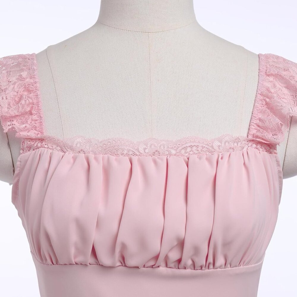 Women's Lace Mini Dress Flowy A-Line Square Neck Ruffle Summer Casual - Picture 4 of 6